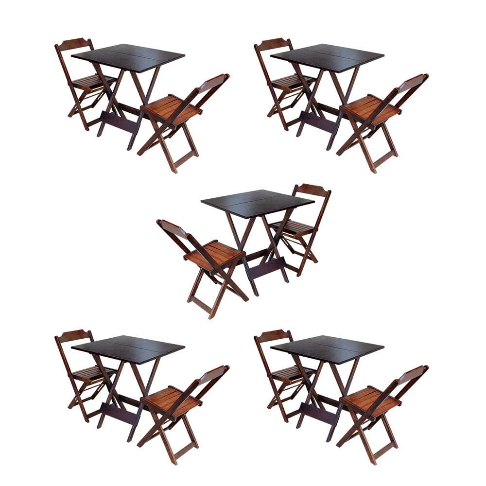 Kit 5 Jogos de Mesa Dobravel com 2 Cadeiras de Madeira 70x70 para Restaurante e Bar - Imbuia
