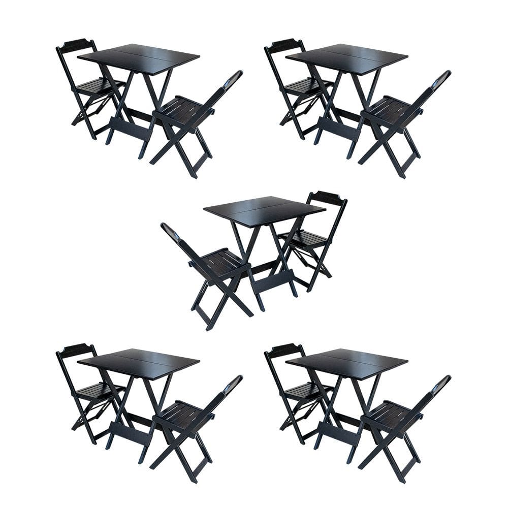 Kit 5 Jogos de Mesa Dobravel com 2 Cadeiras de Madeira 70x70 para Restaurante e Bar - Preto