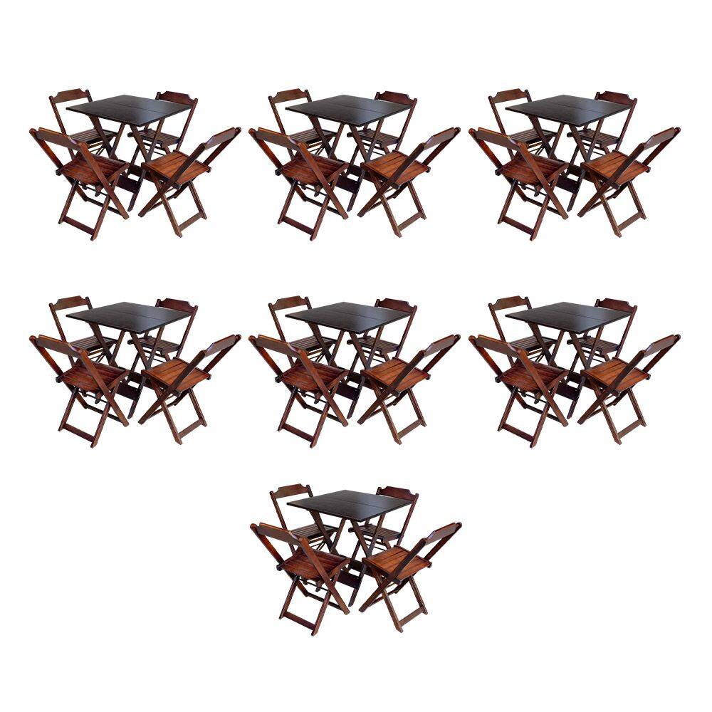 Kit 7 Jogos de Mesa Dobravel com 4 Cadeiras de Madeira 70x70 para Restaurante e Bar - Imbuia