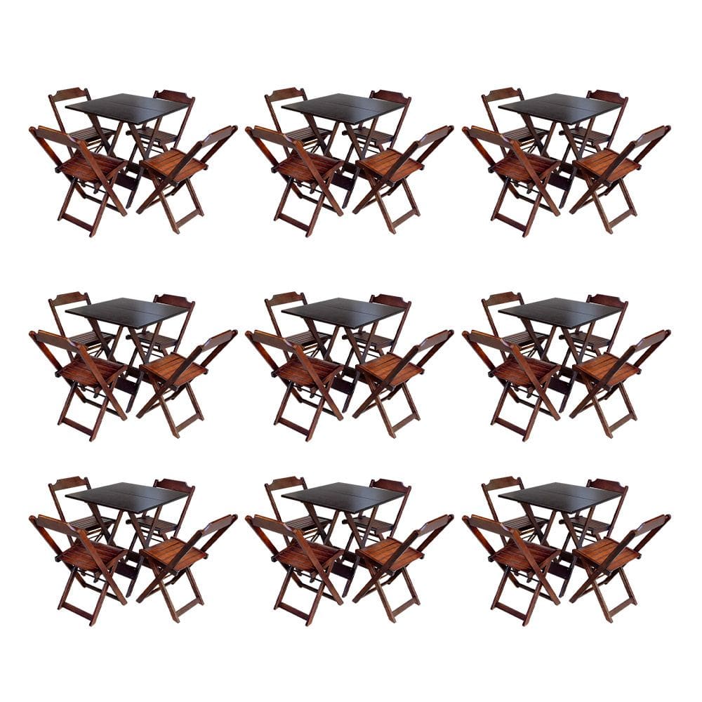 Kit 9 Conjuntos de Mesa Dobravel com 4 Cadeiras de Madeira 70x70 para Restaurante e Bar - Imbuia