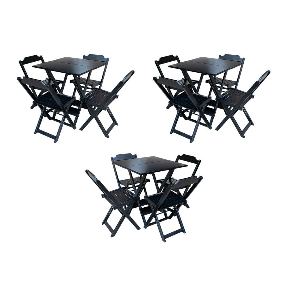 Kit 3 Jogos de Mesa Dobravel com 4 Cadeiras de Madeira 70x70 para Restaurante e Bar - Preto
