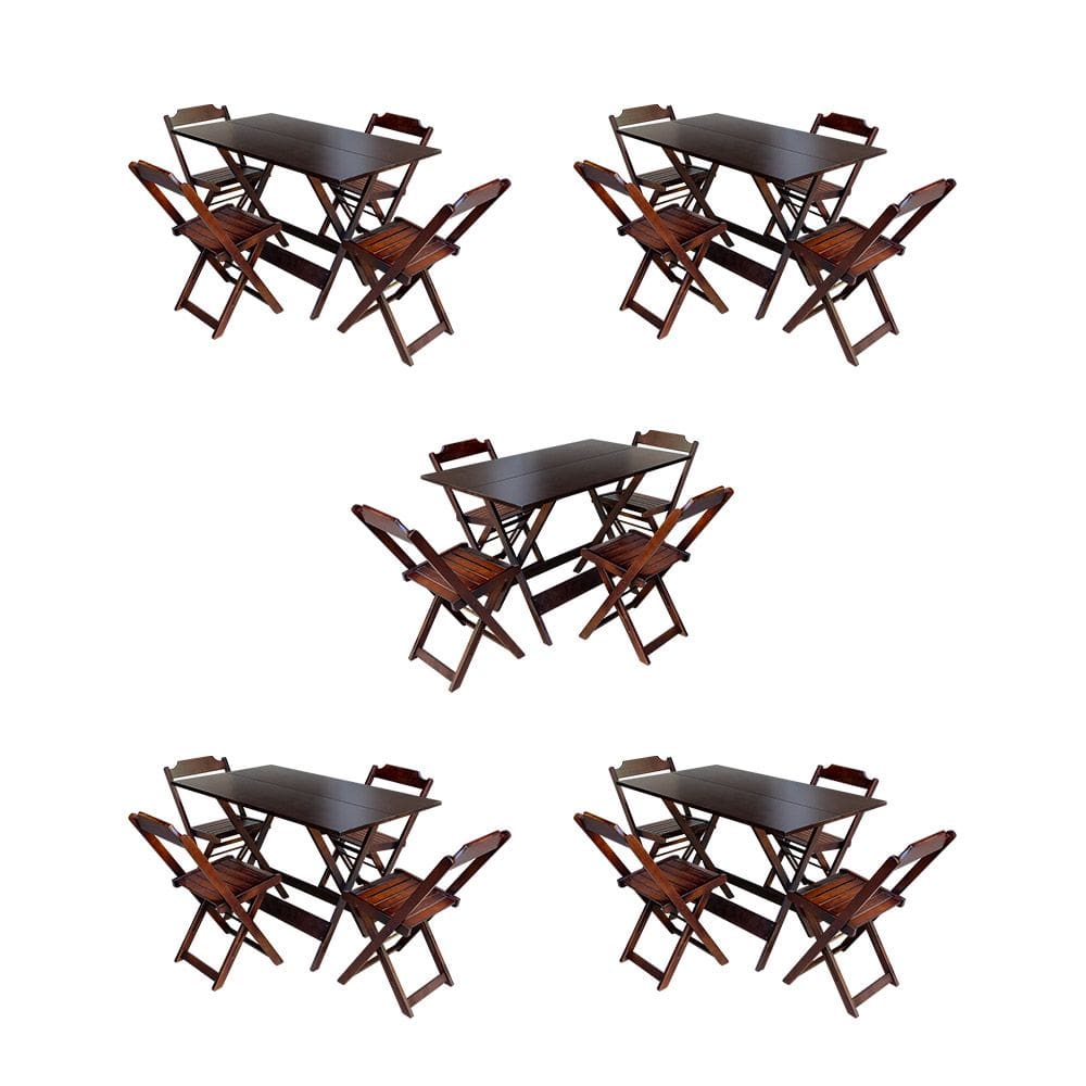 Kit 5 Jogos de Mesa Dobravel com 4 Cadeiras de Madeira 120x70 para Restaurante e Bar - Imbuia