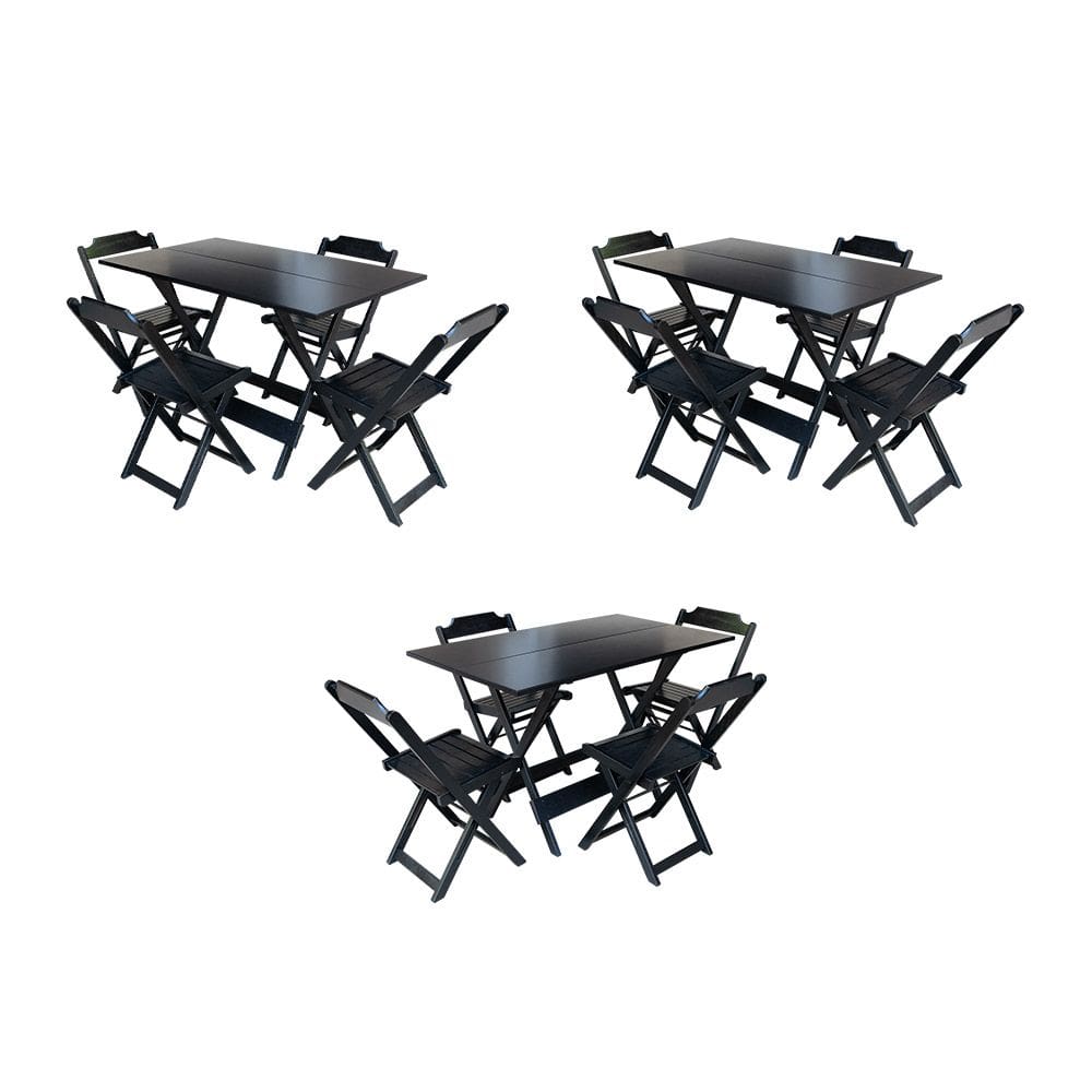 Kit 3 Jogos de Mesa Dobravel com 4 Cadeiras de Madeira 120x70 para Restaurante e Bar - Preto