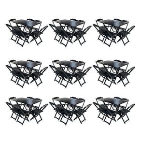Kit 9 Jogos de Mesa Dobravel com 6 Cadeiras de Madeira 120x70 para Restaurante e Bar - Preto
