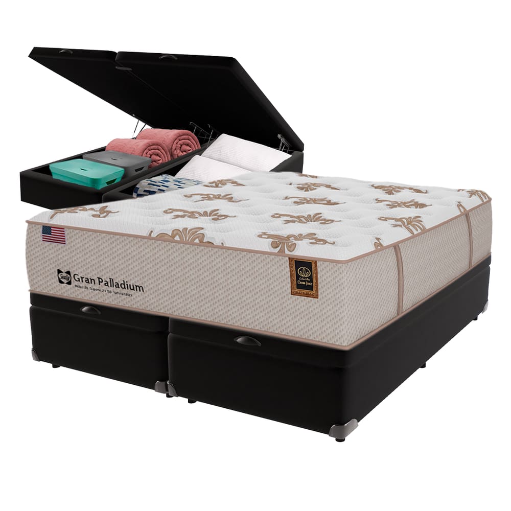 Cama Box Baú Preto e Colchão King Gran Paladium Molas LFK Sealy