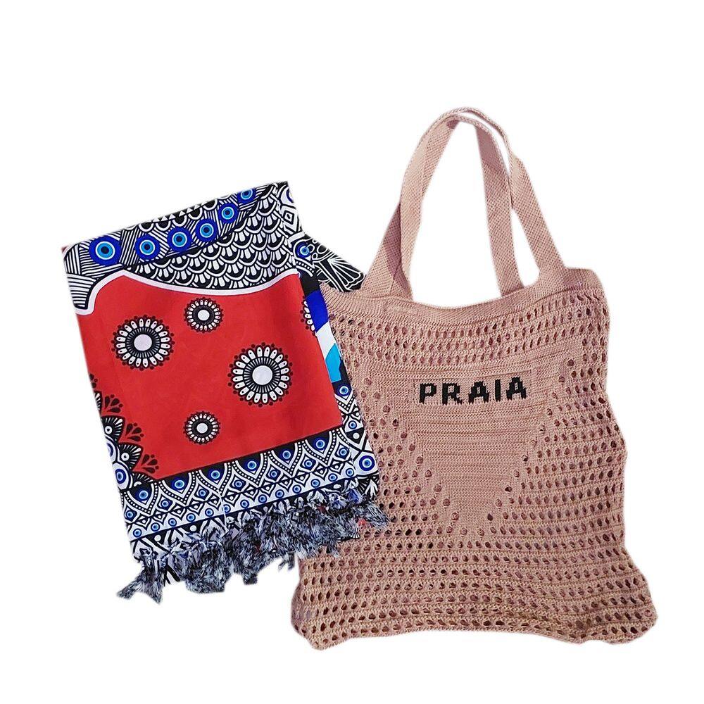 Moda Praia: Bolsa Crochê Diversas Cores + Canga Estampada