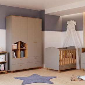 Quarto de Bebê Berço e Guarda-roupa 4 Portas 4 Gavetas Happy Espresso Móveis Cinza/Marrom