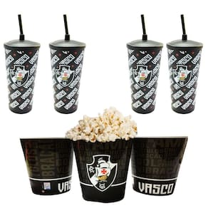Kit 4 Copos + Balde Pipoca Plástico Preto Tampa Canudo 500Ml