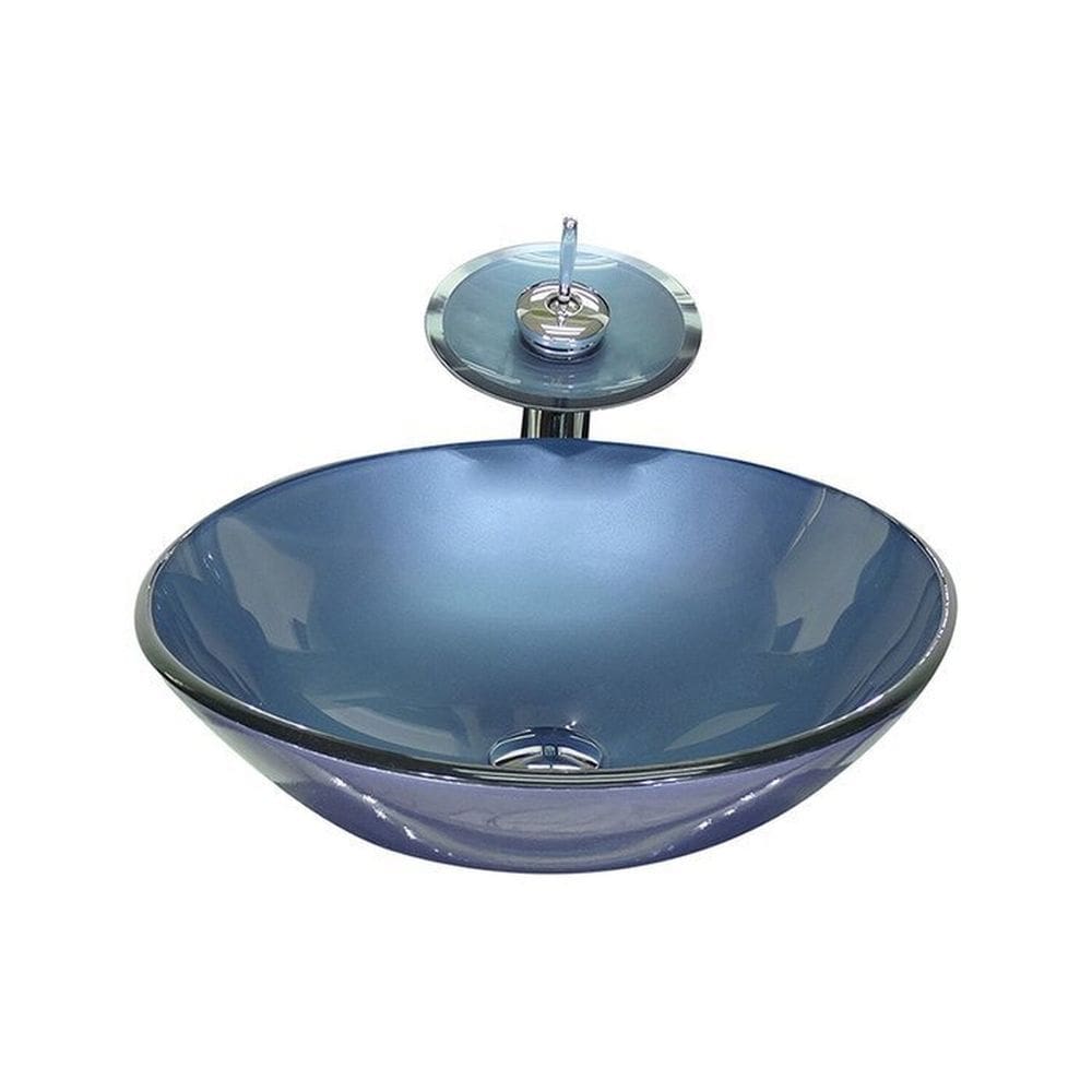 Cuba de Vidro Redonda 42cm + Valvula + Torneira Cascata Azul