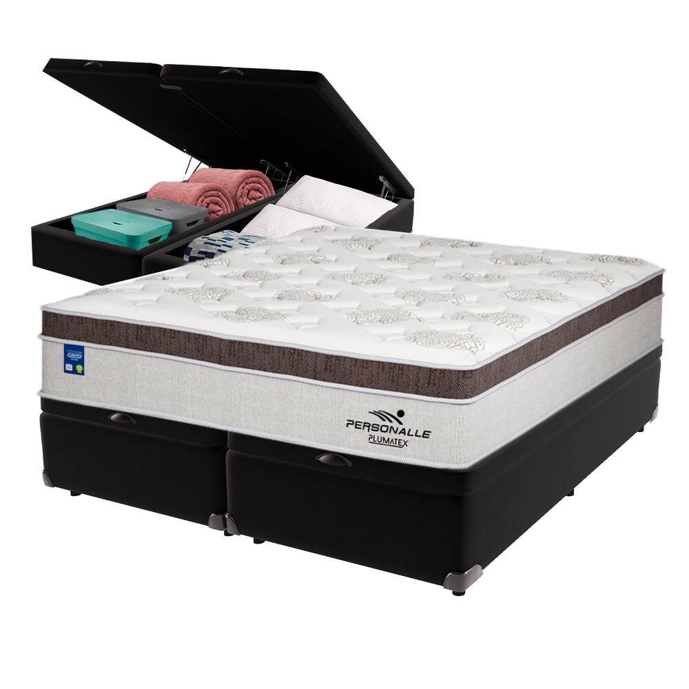 Cama Box Baú Preto e Colchão King Personalle Molas Ensacadas Plumatex