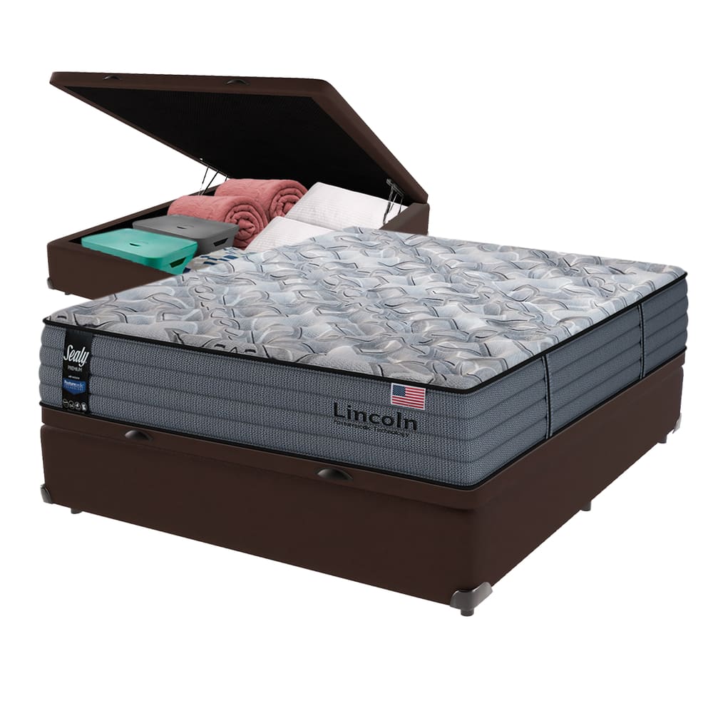 Cama Box Baú Marrom e Colchão Casal Lincoln Molas Ensacadas Sealy