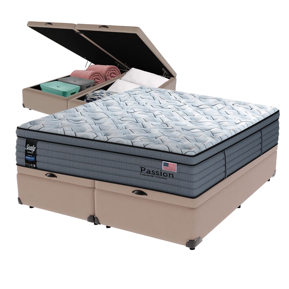 Cama Box Baú Bege e Colchão King Passion Posturepedic Pillow Cloud Sealy