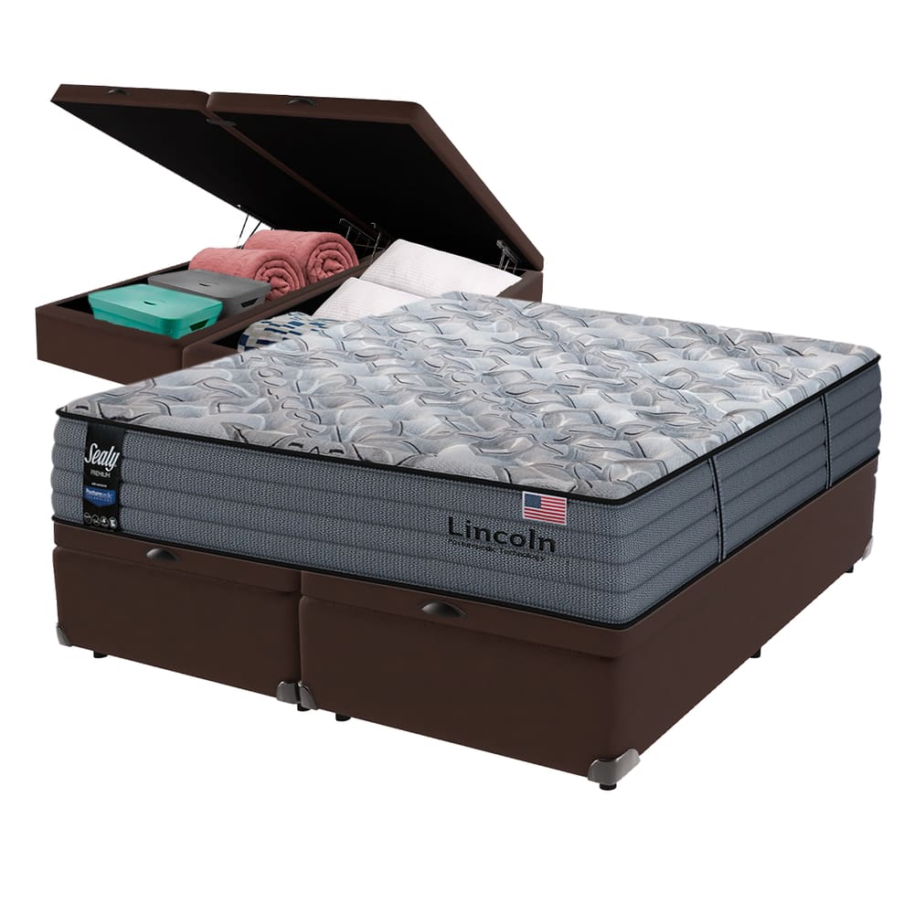 Cama Box Baú Marrom e Colchão Queen Lincoln Molas Ensacadas Sealy