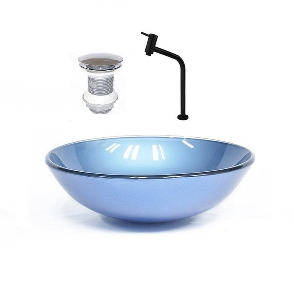 Cuba de Vidro Redonda 31cm + Valvula + Torneira Azul