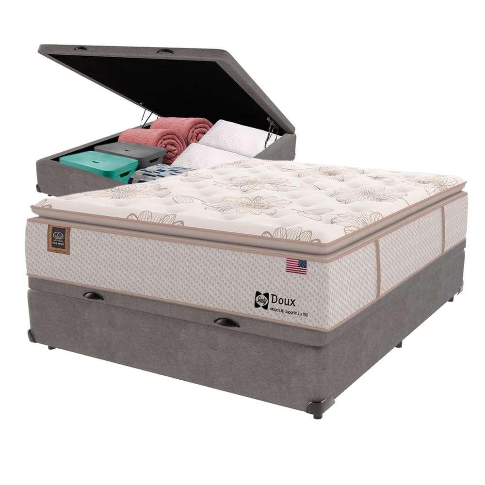 Cama Box Baú Cinza e Colchão Casal Doux Comfort Molas LFK e Europillow Sealy