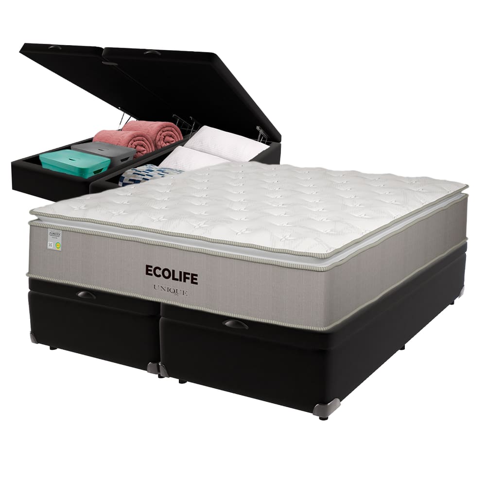 Cama Box Baú Preto e Colchão King Ecolife Molas Ensacadas Unique