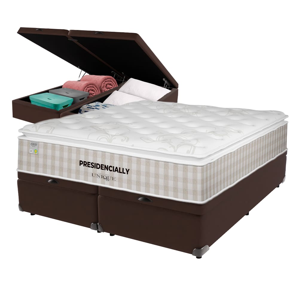 Cama Box Baú Marrom e Colchão Queen Presidencially Molas Ensacadas Unique