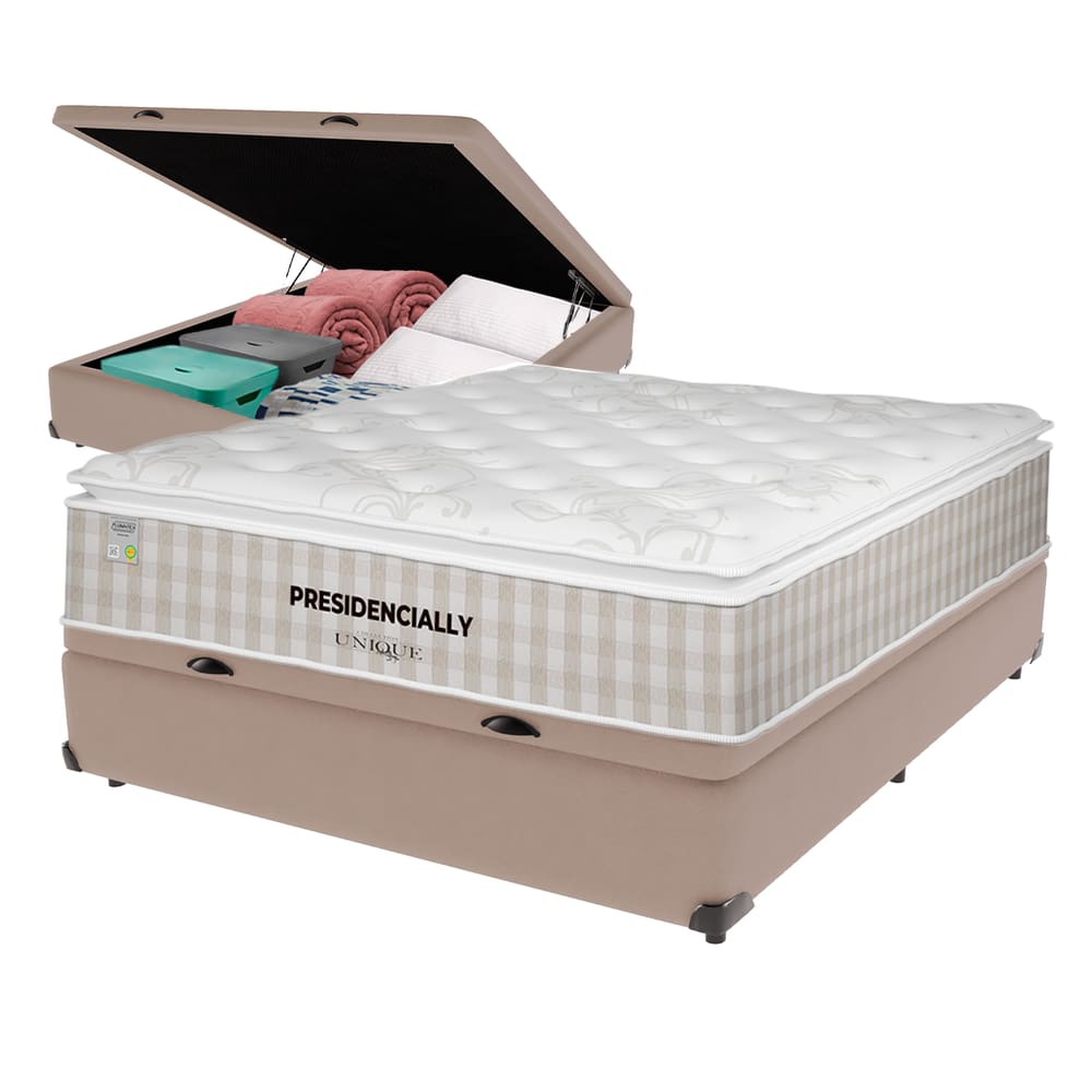 Cama Box Baú Bege e Colchão Casal Presidencially Molas Ensacadas Unique