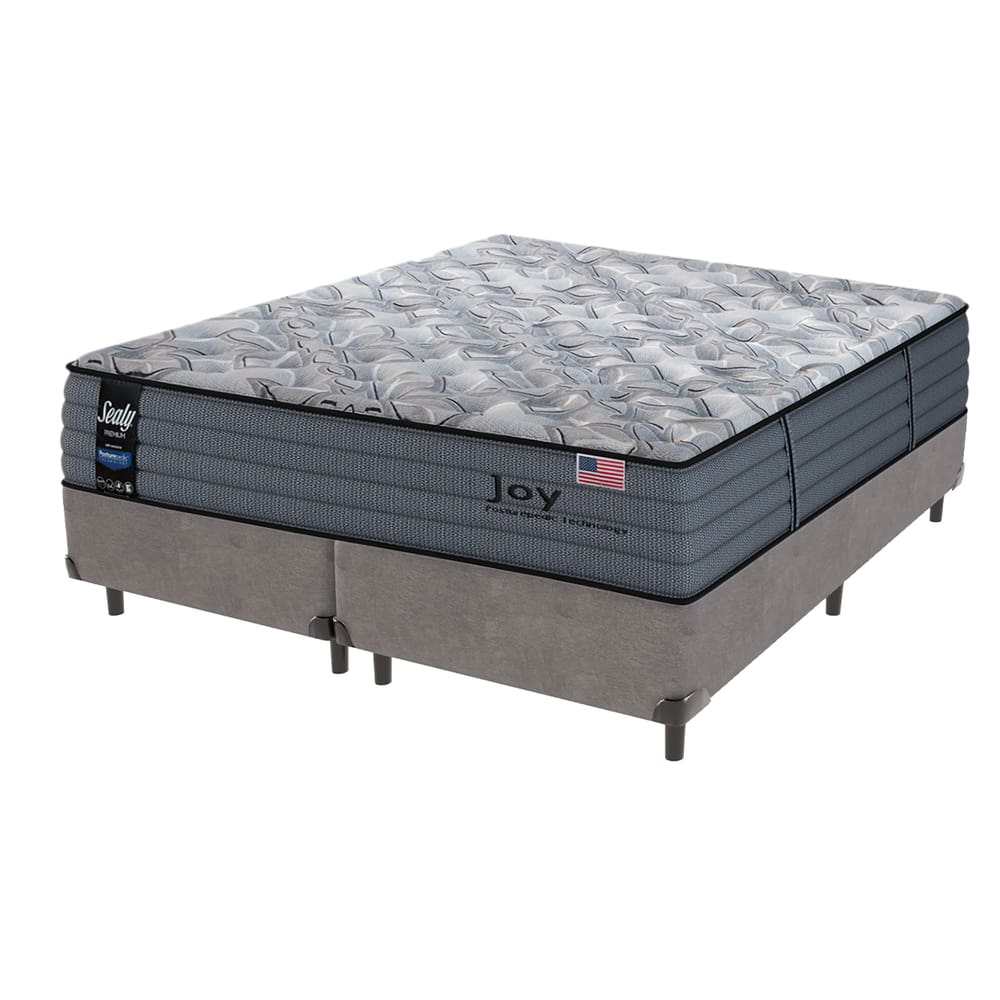 Cama Box Cinza e Colchão Queen Joy Molas Ensacadas Sealy