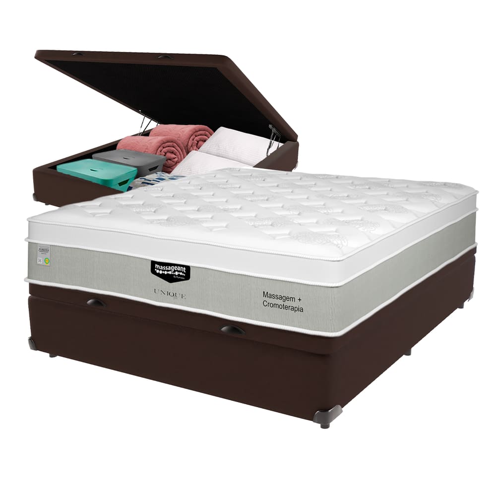 Cama Box Baú Marrom e Colchão Casal Massageant Unique