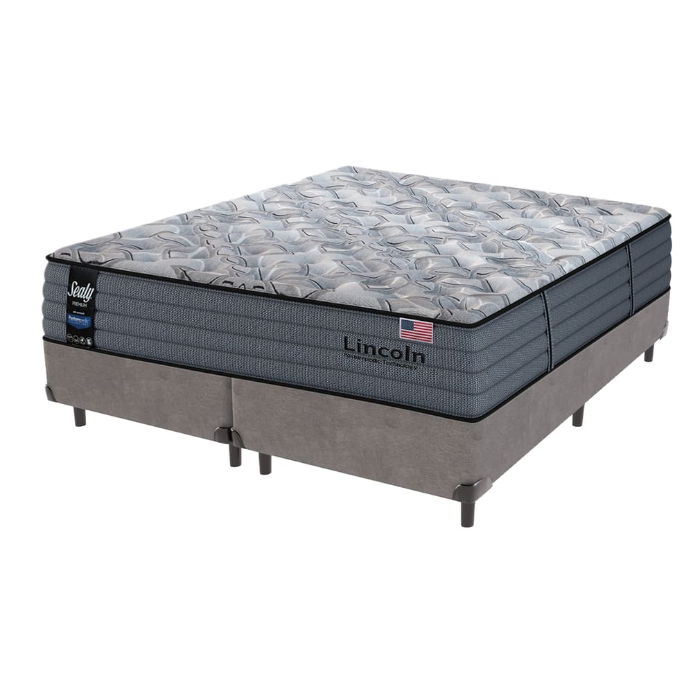 Cama Box Cinza e Colchão Queen Lincoln Molas Ensacadas Sealy