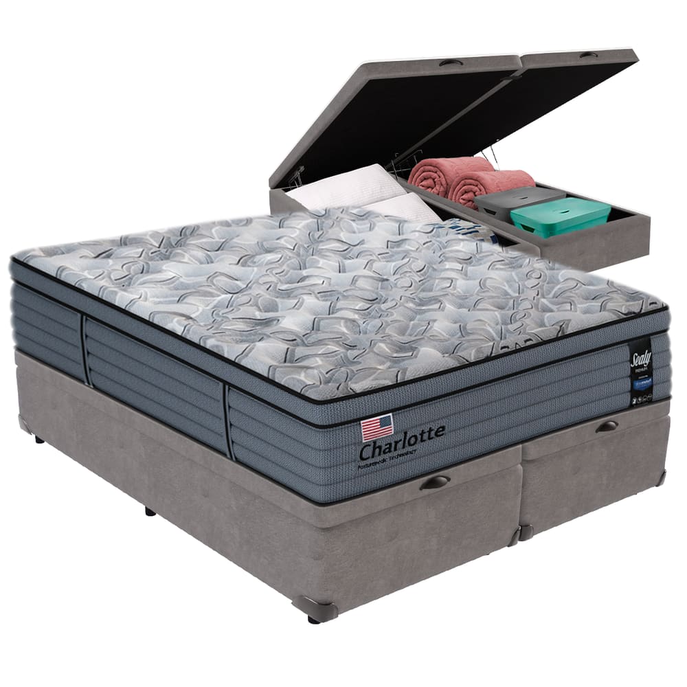 Cama Box Baú Cinza e Colchão King Charlotte Molas Ensacadas Sealy