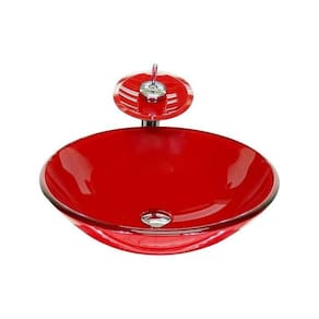 Cuba de Vidro Redonda 31cm + Valvula + Torneira Cascata Vermelho Ferrari