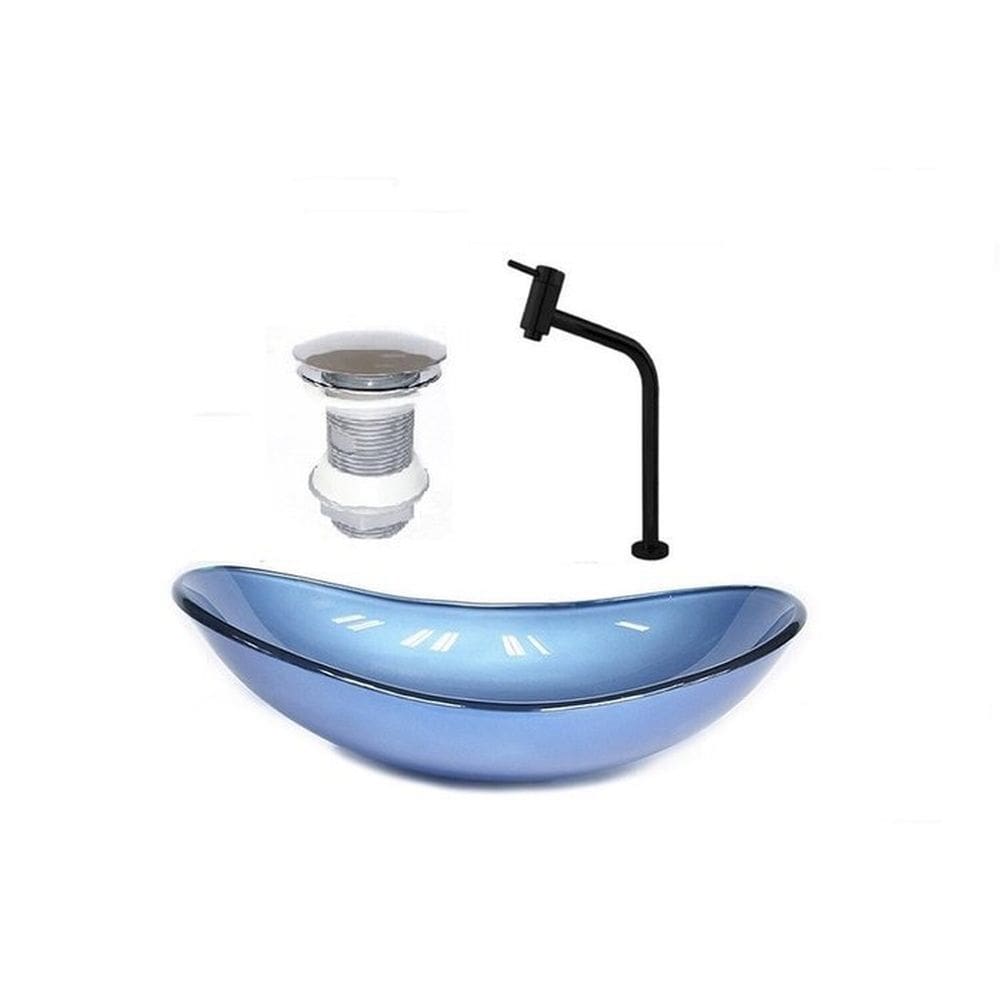 Cuba de Vidro Oval 55cm + Valvula + Torneira Azul