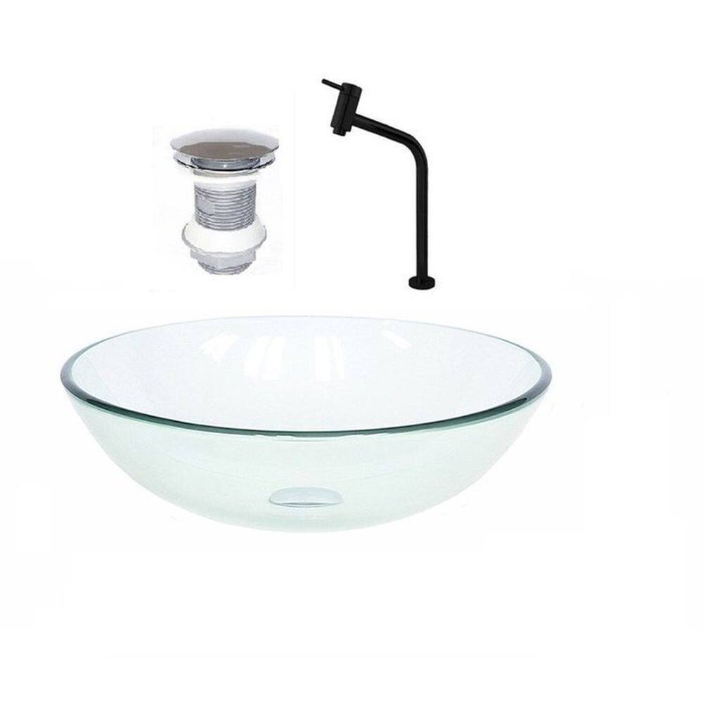 Cuba de Vidro Redonda 42cm + Valvula + Torneira Incolor