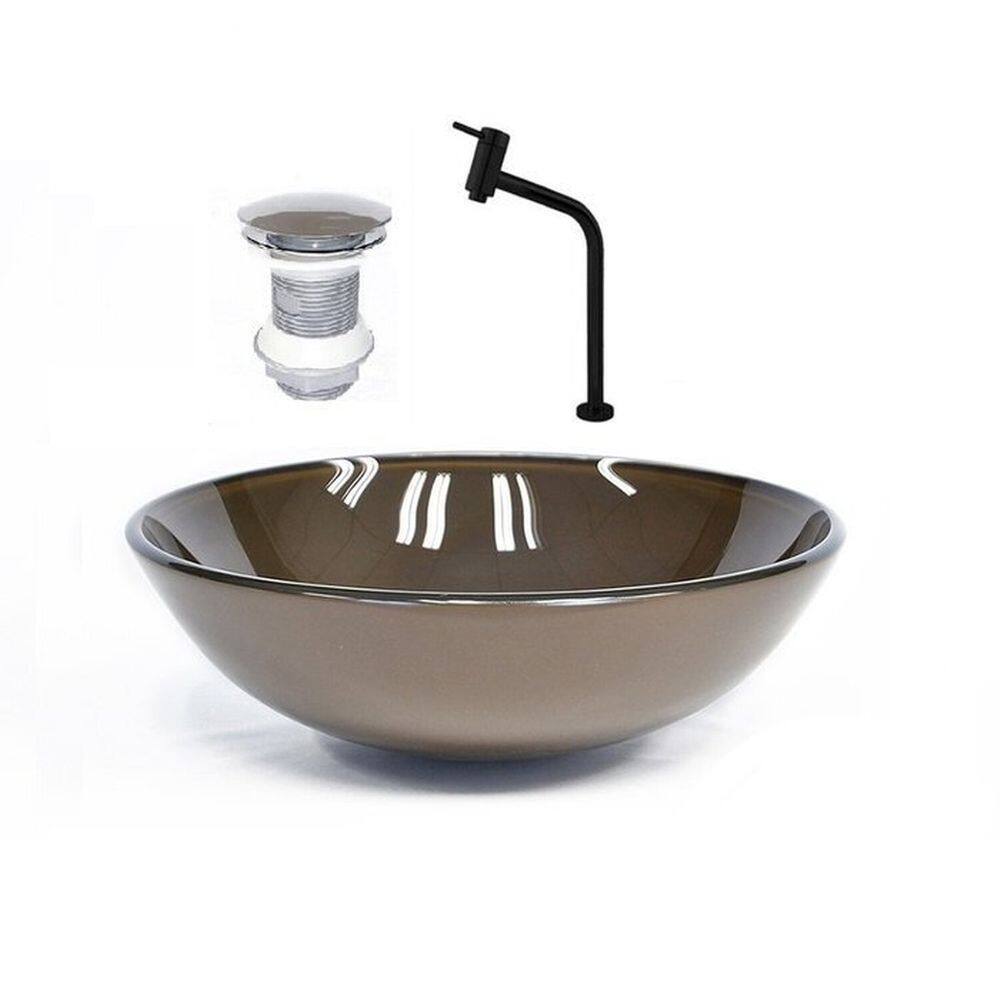 Cuba de Vidro Redonda 42cm + Valvula + Torneira Marrom