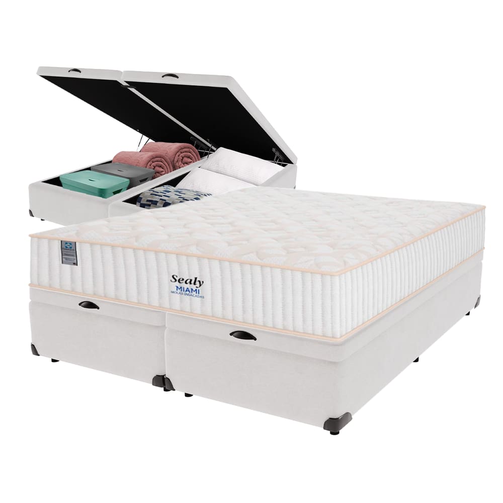 Cama Box Baú Branco e Colchão King Miami Molas Ensacadas Euro Pillow Sealy