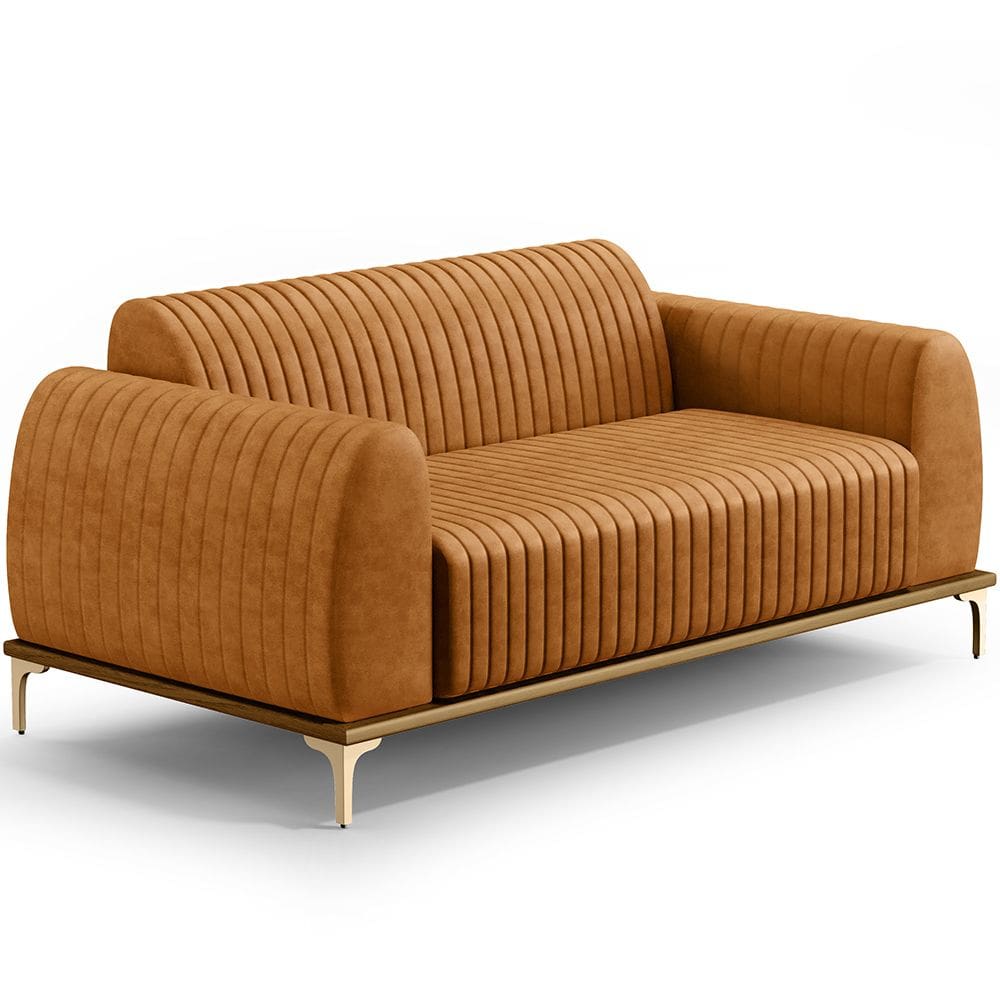 Sofá 3 Lugares Para Sala de Estar Molino 180cm D02 Base Castanho Pés D`Ouro Couríssimo Whisky B-90 - Lyam Decor
