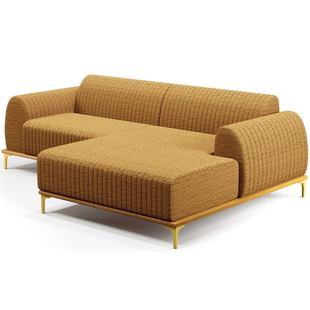Sofá 5 Lugares com Chaise Direito Para Sala de Estar Molino 350cm D02 Base Castanho Pés D`ouro Prime Bouclê Mostarda PB-03 - Lyam Decor