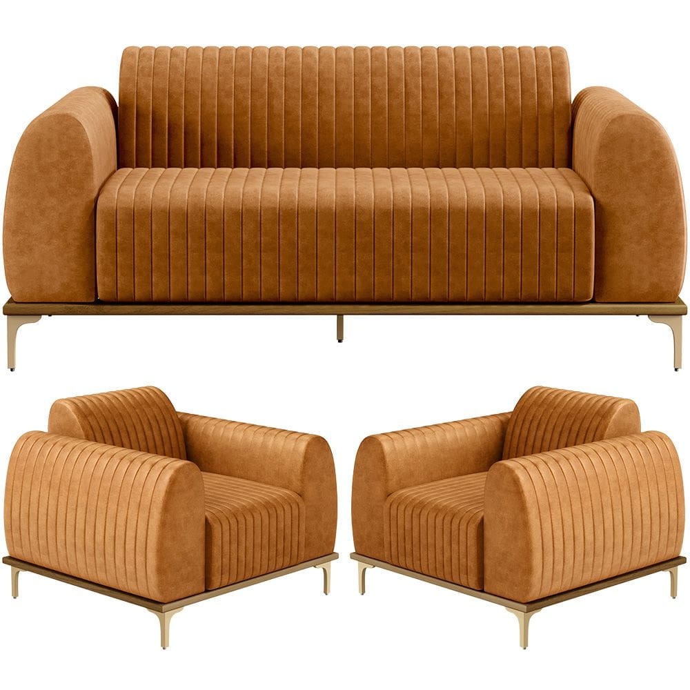 Kit Sofá 3 Lugares 210cm com 02 Poltronas Molino Base Castanho Pés D`ouro D02 Couríssimo Whisky B-90 - Lyam Decor