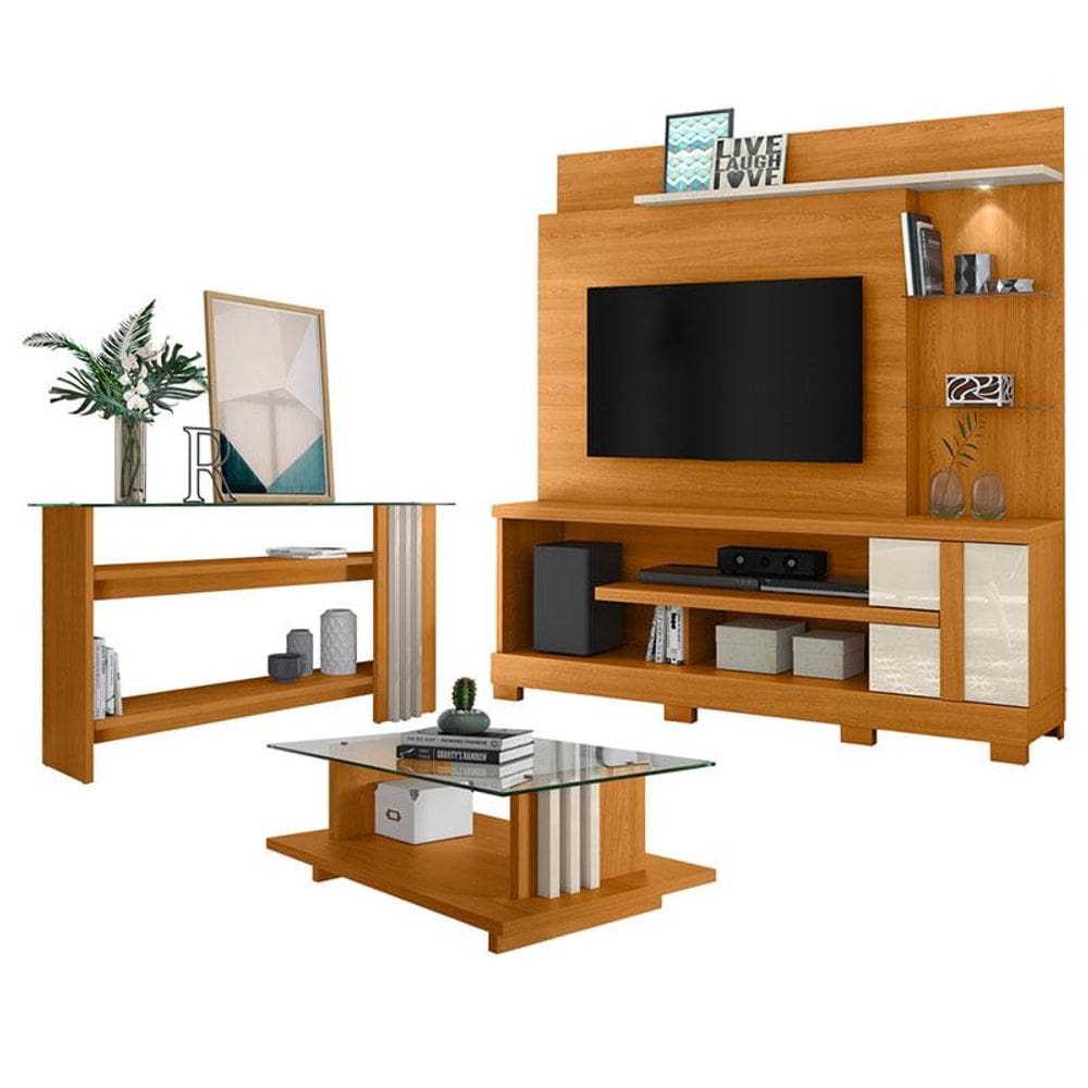 Estante Home Theater Alan com Pés e Aparador com Mesa de Centro Frizz Cinamomo Off White - Madetec