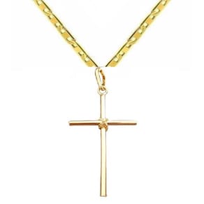 Corrente Piastrine 60cm + Pingente Cruz com Manto Masculino Banhada a Ouro