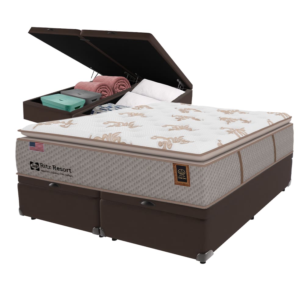 Cama Box Baú Marrom e Colchão Queen Ritz Resort Pillow High Tech Sealy