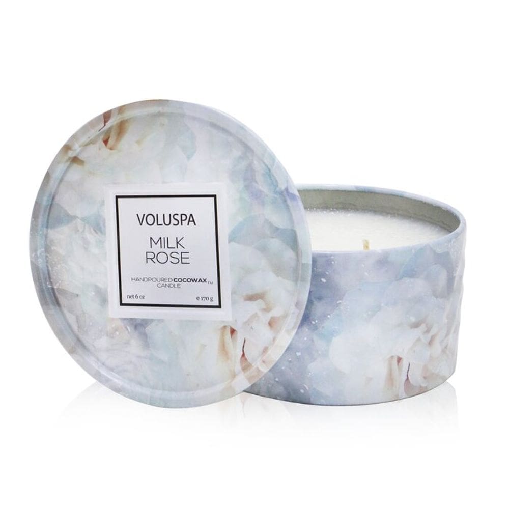Vela Voluspa Milk Rose Scent 2 Wick Tin 25h de tempo de queima