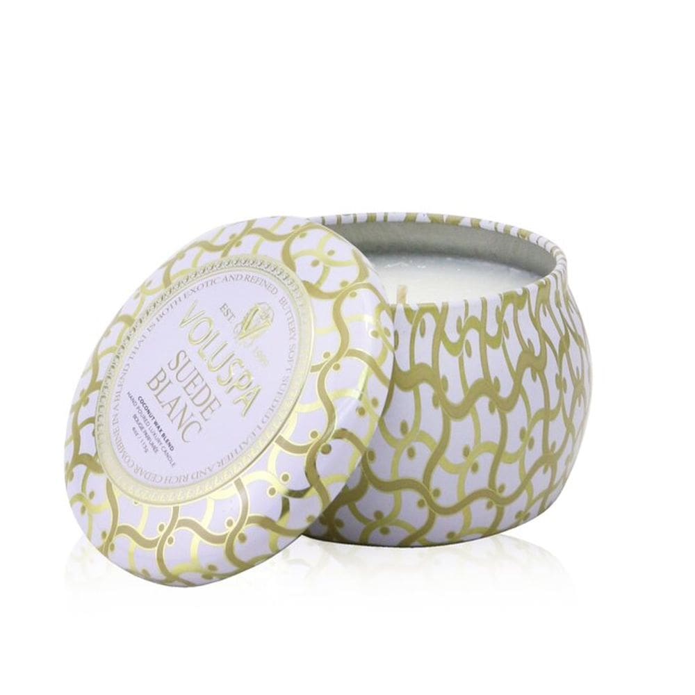 Vela Voluspa Suede Blanc Mini Tin 25h de tempo de queima