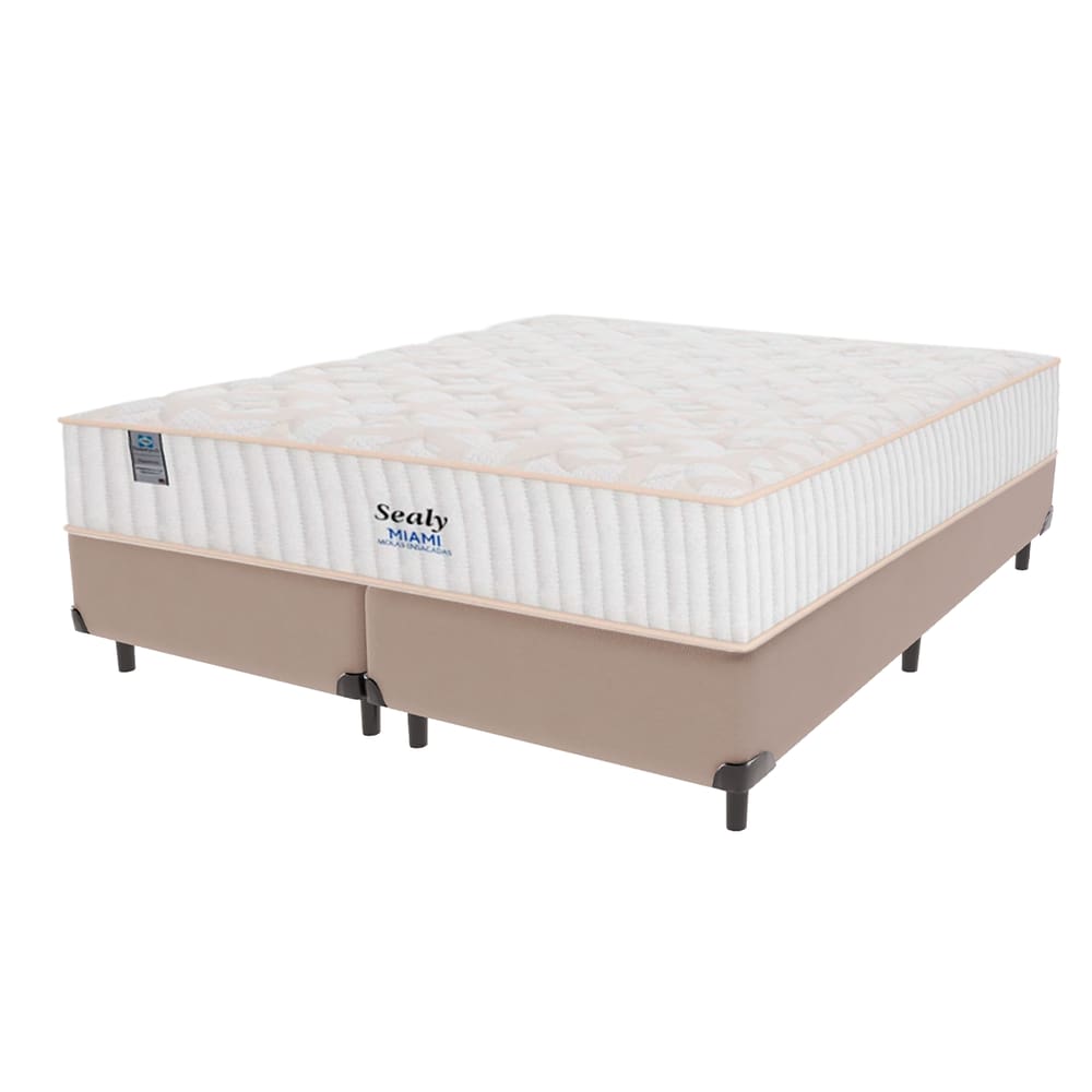 Cama Box Bege e Colchão King Miami Molas Ensacadas Sealy