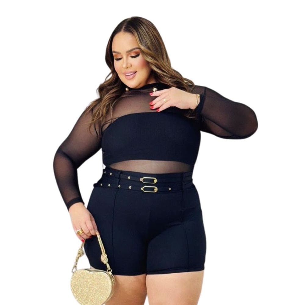 Conjunto Plus Size Tule + Cropped + Short Cinto Duplo 0559