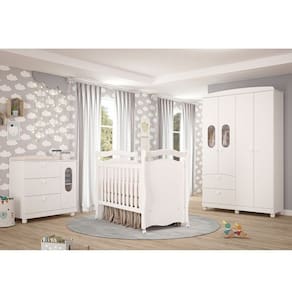 Quarto de Bebê Berço, Cômoda 4 Gavetas 1 Porta, Guarda-roupa 4 Pts 2 Gavetas Happy Espresso Móveis Branco