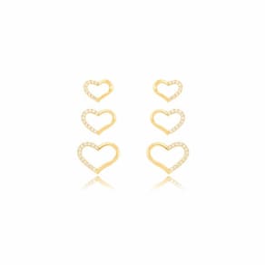 Brinco Trio Coração Micro Zircônia Banhado Em Ouro 18K