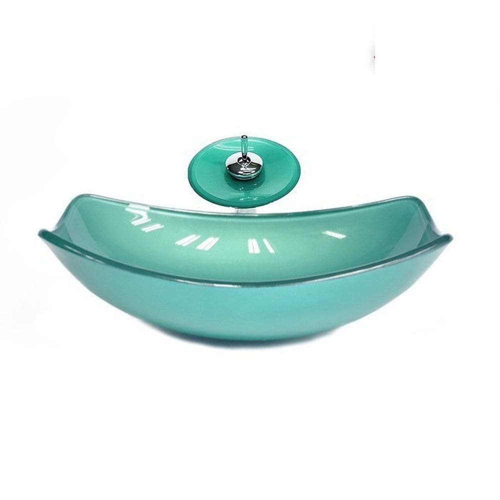 Cuba de Vidro Oval Chanfrada 51cm + Valvula + Torneira Cascata Verde