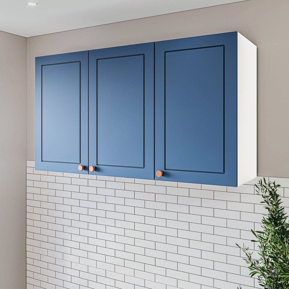 Armário Aéreo 3 Portas 120 Cm Pérola Yescasa Branco/Azul