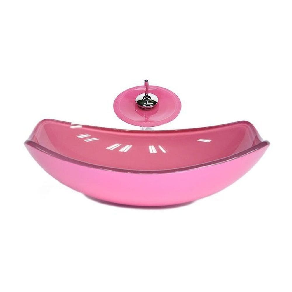 Cuba de Vidro Oval Chanfrada 51cm + Valvula + Torneira Cascata Rosa