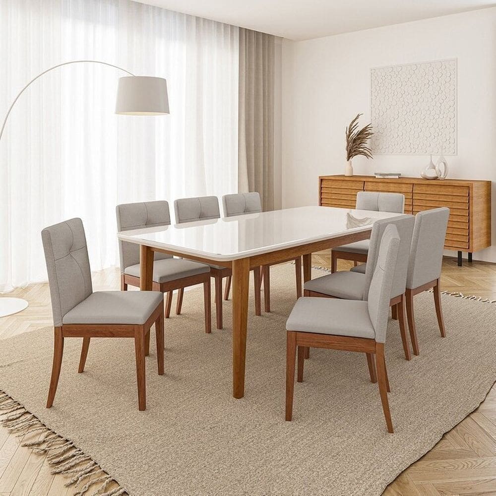 Conjunto Mesa de Jantar Tangará 210cm e 8 Cadeiras Estofadas Tiê Maxx Cabecasa Madeiramadeira Caramelo/Bege Claro