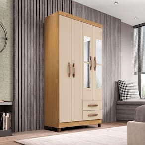 Guarda Roupa Solteiro Ambiente Modena com Espelho 4 Portas Carvalho Americano Off White - Incorplac