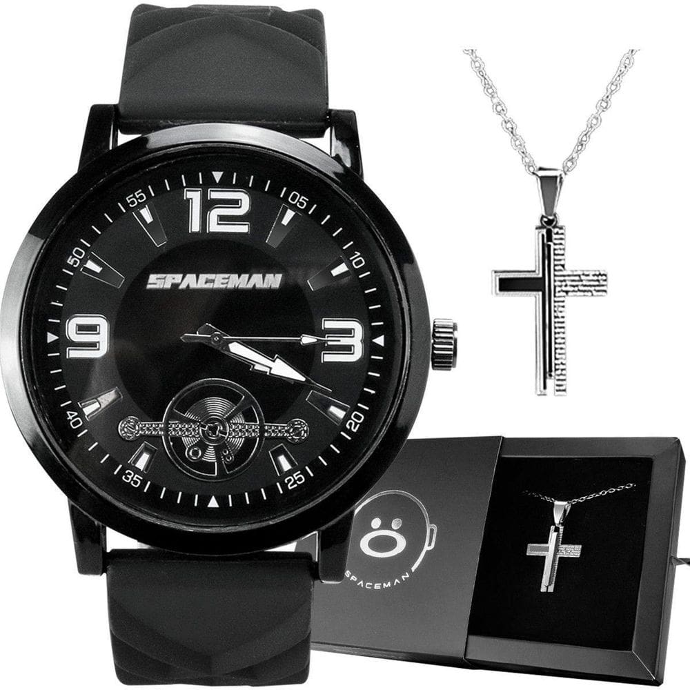 Relogio Masculino Aço Inox Preto + Caixa + Cordao Prata
