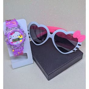 Kit Relógio Infantil Digital Pisca luz Led Colorida Musica Silicone ajustável + Óculos Armação Coração Hello Kitty Moda